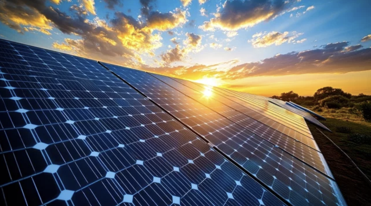 Sunset over solar panels